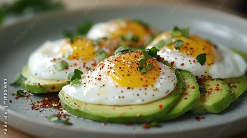 Minimalist Avocado and Poached Eggs, simple dish featuring creamy avocado, soft poached eggs, and a hint of spice from chili flakes Minimalist Avocado and Poached Eggs, simple dish featuring creamy avocado, soft poached eggs, and a hint of spice from chili flakes