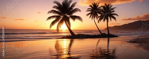 Palm tree against a warm orange glow of sunset reflected in the calm ocean, warm, sea, natural