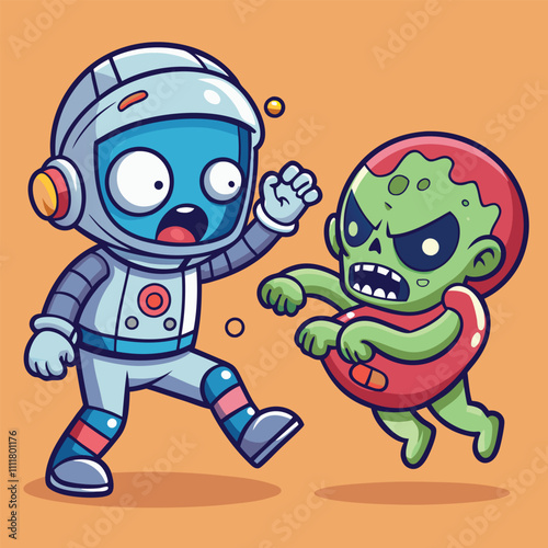 Cute Alien and Astronaut fighting vector illustration