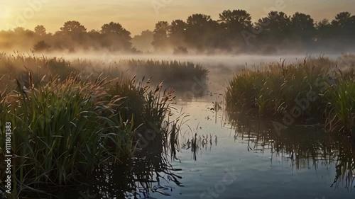 Showcasing the serene calm of mist-covered reeds as the soft light of dawn filters through, creating a peaceful and warm atmosphere. photo