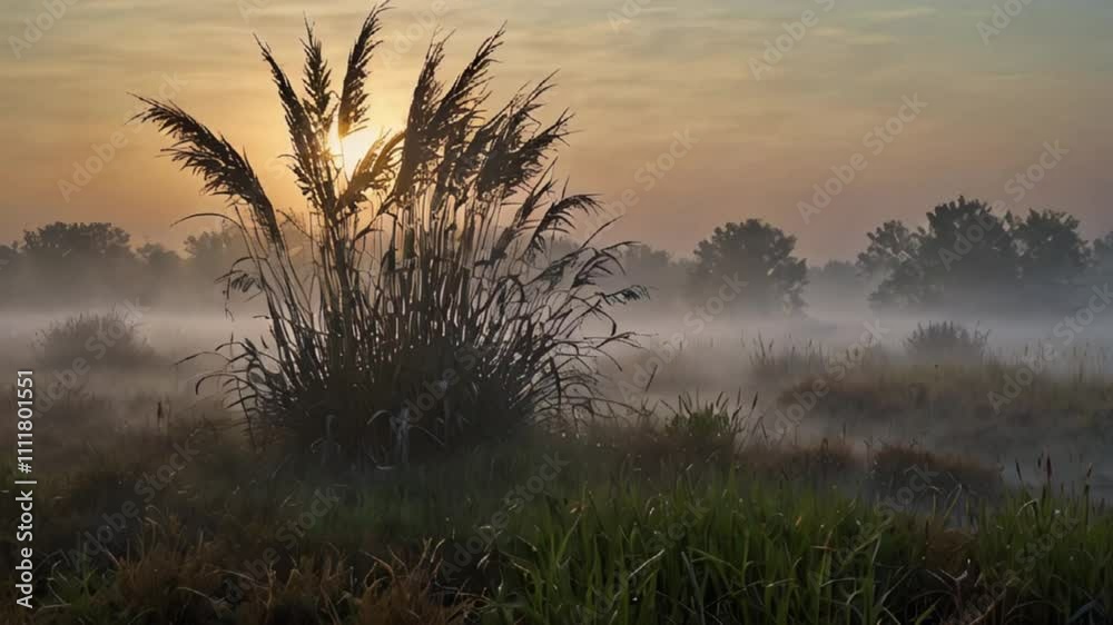 Showcasing the tranquil beauty of thick fog hovering over a vast reed plain, creating a serene and calm landscape in the soft light of dawn. Showcasing the tranquil beauty of thick fog hovering over a vast reed plain, creating a serene and calm landscape in the soft light of dawn.