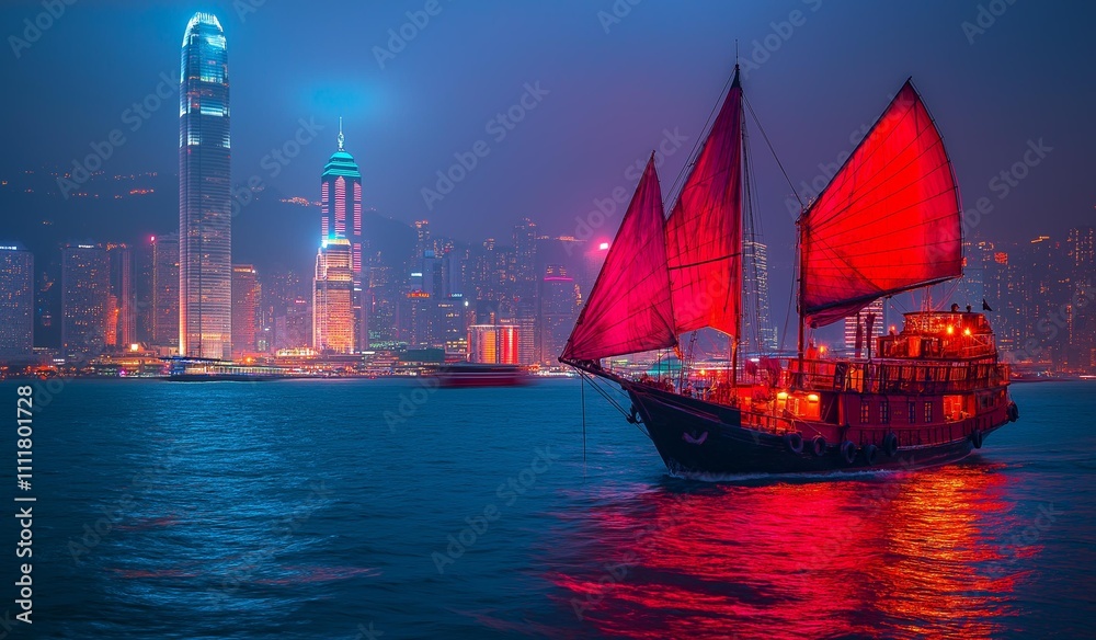 Φωτογραφία AI generator image of Panorama of Hong Kong City skyline with tourist sailboat at night