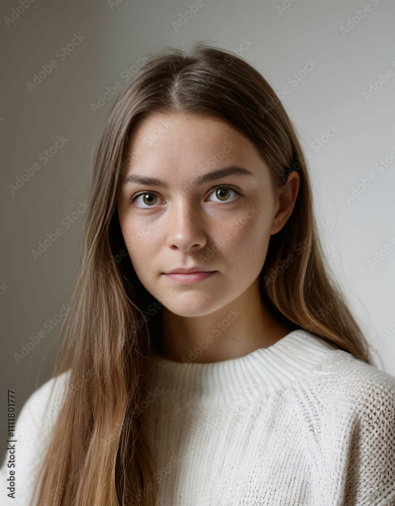Woman in a white sweater, serious look Woman in a white sweater, serious look