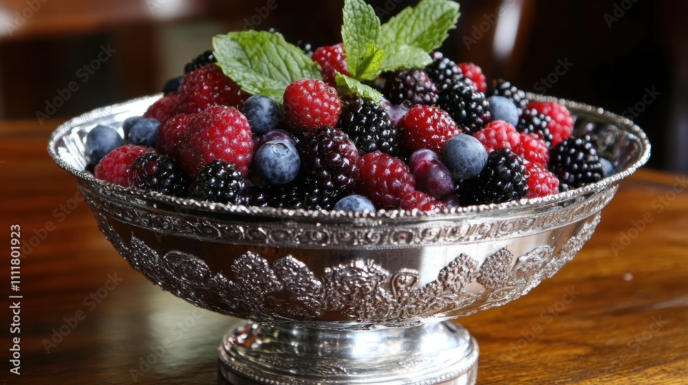 Vibrant bowl of assorted berries garnished with fresh mint leaves, colorful and inviting display of nature's sweetness Vibrant bowl of assorted berries garnished with fresh mint leaves, colorful and inviting display of nature's sweetness