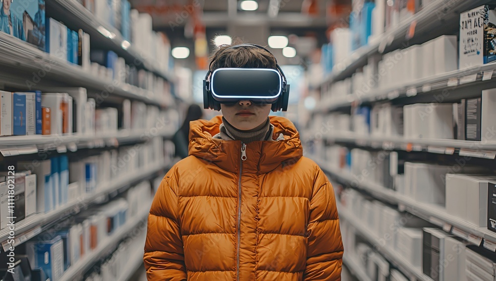 Boy in VR Headset Exploring Bookstore Aisle Boy in VR Headset Exploring Bookstore Aisle
