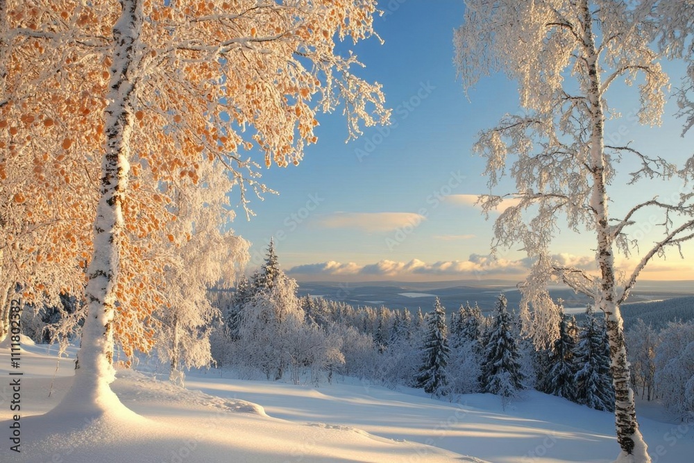 A serene winter landscape with snow-covered trees and mountains. A serene winter landscape with snow-covered trees and mountains.