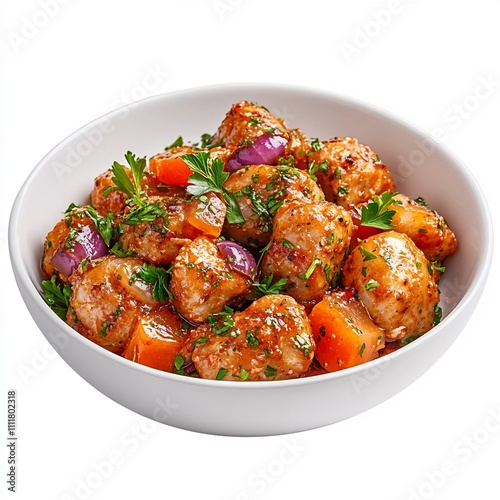 Side Dish Braciola Plated On White Background With Herbs And Vegetables photo