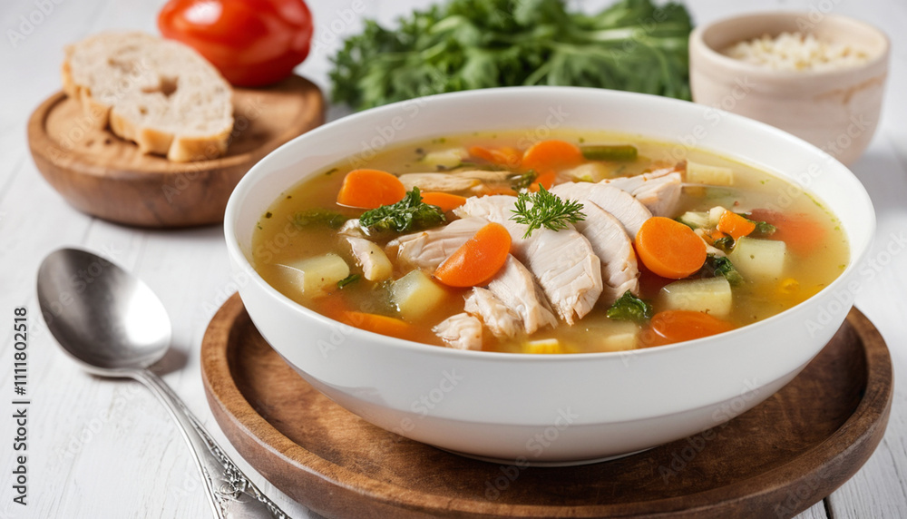 Chicken fillet vegetable soup in bowl on wooden rustic table perfect for cozy family evening gathering Chicken fillet vegetable soup in bowl on wooden rustic table perfect for cozy family evening gathering