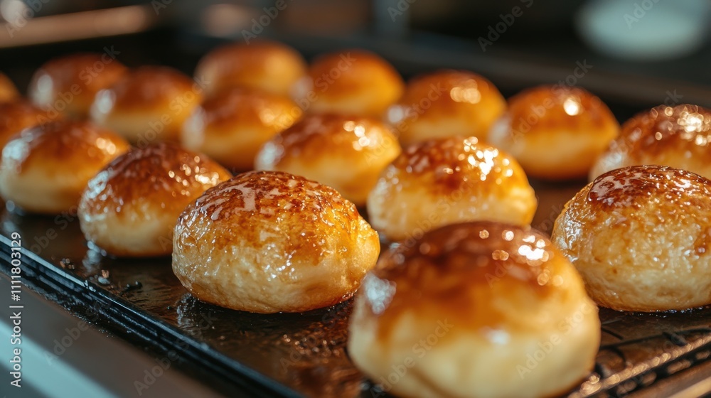 Golden-brown doughnuts lined up on a baking sheet, inviting aroma fills the air, perfect for a sweet treat or dessert display Golden-brown doughnuts lined up on a baking sheet, inviting aroma fills the air, perfect for a sweet treat or dessert display