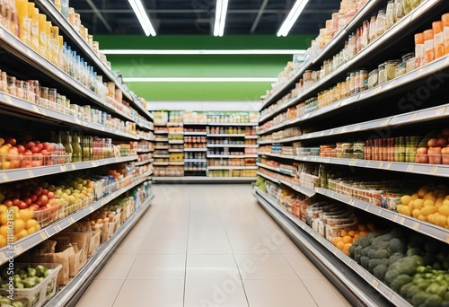 Supermarket store isle with products filling shelves and no people around. photo