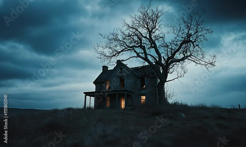 Haunting Abandoned House at Night: Eerie Lighting and a Twisted Tree Beneath a Stormy Sky