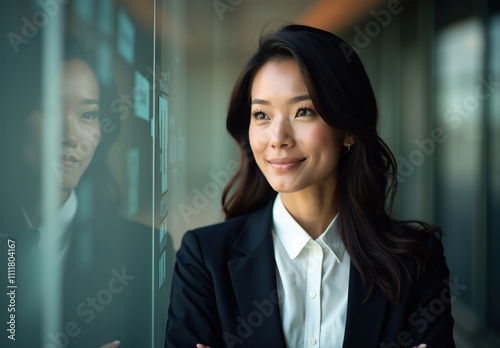 A young woman with long brown hair stands confidently in front of a windowed wall Free Download A young woman with long brown hair stands confidently in front of a windowed wall - GFXLoad