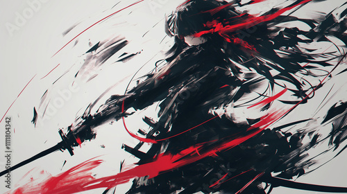 A silhouette of an anime girl with long hair, swinging her sword in the air