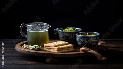 A peaceful and inviting morning scene featuring a steaming cup of soothing green tea paired with a light breakfast of crisp toast and flavorful jam photo