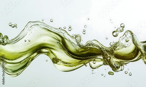 surreal olive oil tsunami goldengreen liquid waves crashing dramatically against a stark white background droplets suspended midair, Generative Ai photo