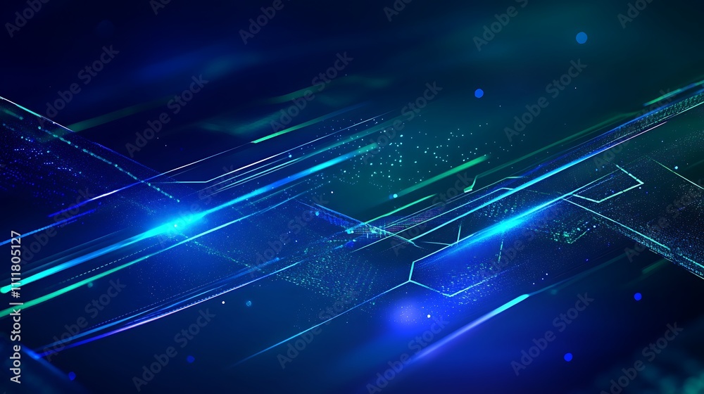 Obraz premium Abstract blue and green futuristic background with glowing lines and digital particles for technology design