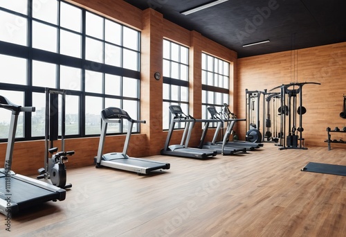 Gym with no people with exercises machines and equipment Sports club cross fit gym interior. Photo realistic 3d illustration