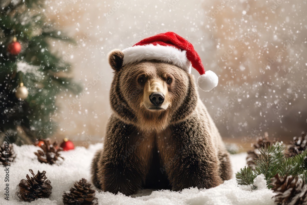 Thoughtful bear in Santa hat beside Christmas tree Thoughtful bear in Santa hat beside Christmas tree