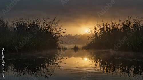 Nature Animation. Reed grass in the serene calm of morning fog, with soft dawn light creating a peaceful atmosphere. Realistic motion. photo