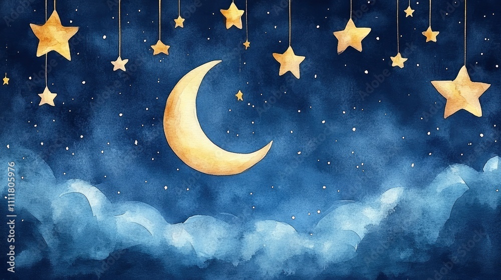 Naklejka premium A serene nighttime scene featuring a crescent moon and hanging stars against a blue background.