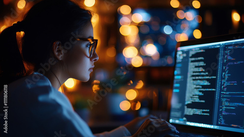 Portrait of woman coding on laptop with warm bokeh lights