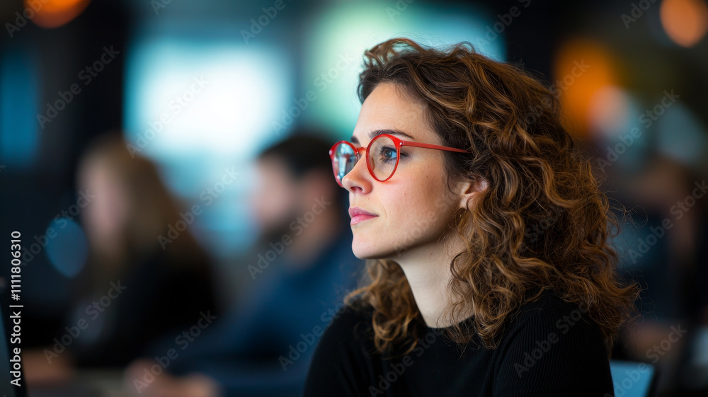 Focused woman with curly hair and glasses in modern office Focused woman with curly hair and glasses in modern office