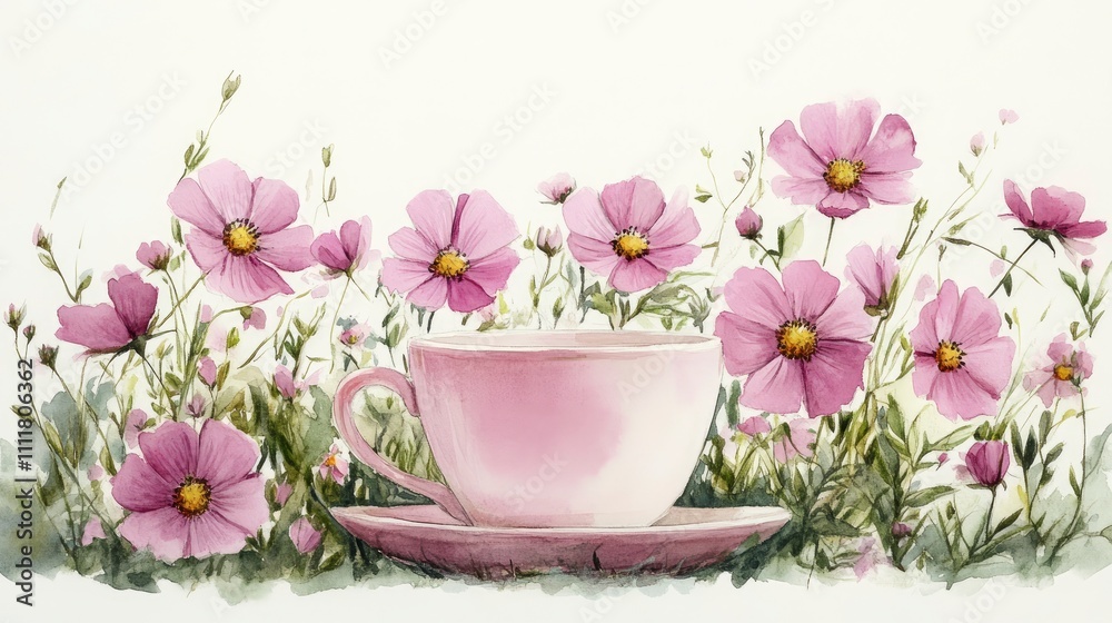 A delicate pink teacup surrounded by blooming pink flowers in a serene garden setting.