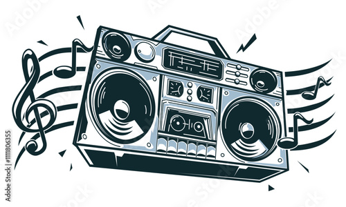 Music design - boom box tape recorder with musical notes