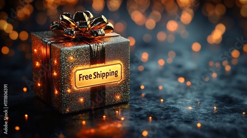 Festive Gift Box with  Free Shipping  Label on Sparkling Background