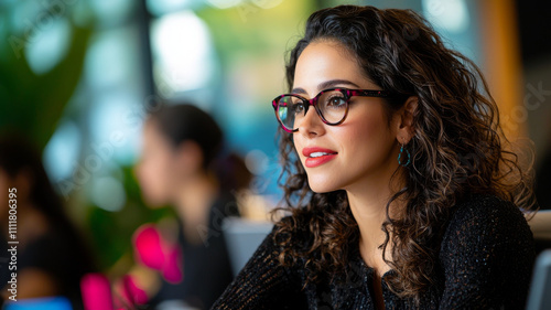 Focused woman with glasses engaged in teamwork and mentoring