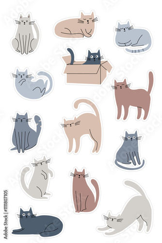 Minimalist Cat Stickers Set with Cute Cartoon Cats for Scrapbooking, Journaling, and Crafts. Vector illustration