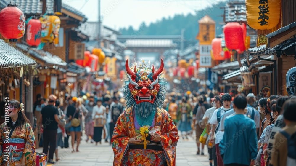 A lively street festival during Setsubun, with stalls selling colorful oni masks, traditional snacks, and lucky charms, while performers in demon costumes interact with the crowd A lively street festival during Setsubun, with stalls selling colorful oni masks, traditional snacks, and lucky charms, while performers in demon costumes interact with the crowd