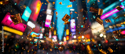 Colorful confetti falling in Times Square during New Year Eve celebration