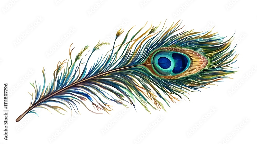 Obraz premium A Single Vibrant Peacock Feather Isolated on White