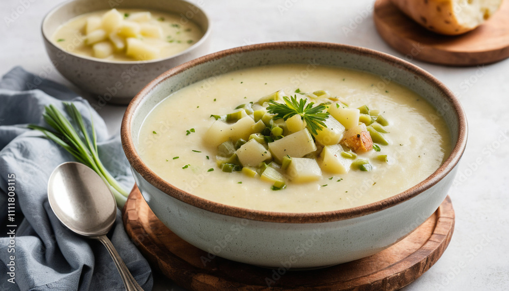 Homestyle potato leek soup in rustic bowl exuding classic comfort and flavor made with love and fresh ingredients Homestyle potato leek soup in rustic bowl exuding classic comfort and flavor made with love and fresh ingredients