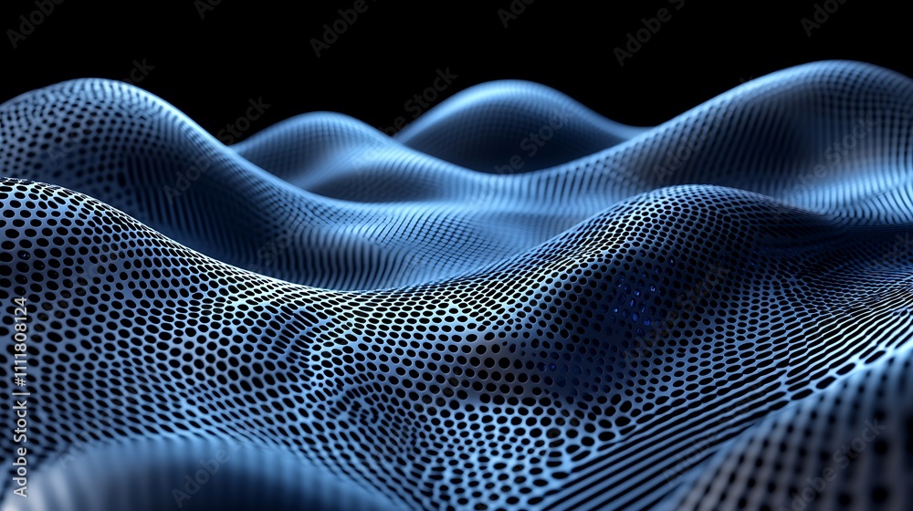 Naklejka premium Abstract Blue Waves with Dots in a Smooth Flowing Pattern Against a Black Background for Creative Usage