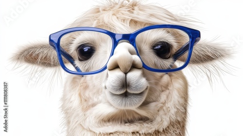 Cute Llama Wearing Blue Glasses  Funny Animal Portrait  White Alpaca  Pet  Glasses  Specta photo