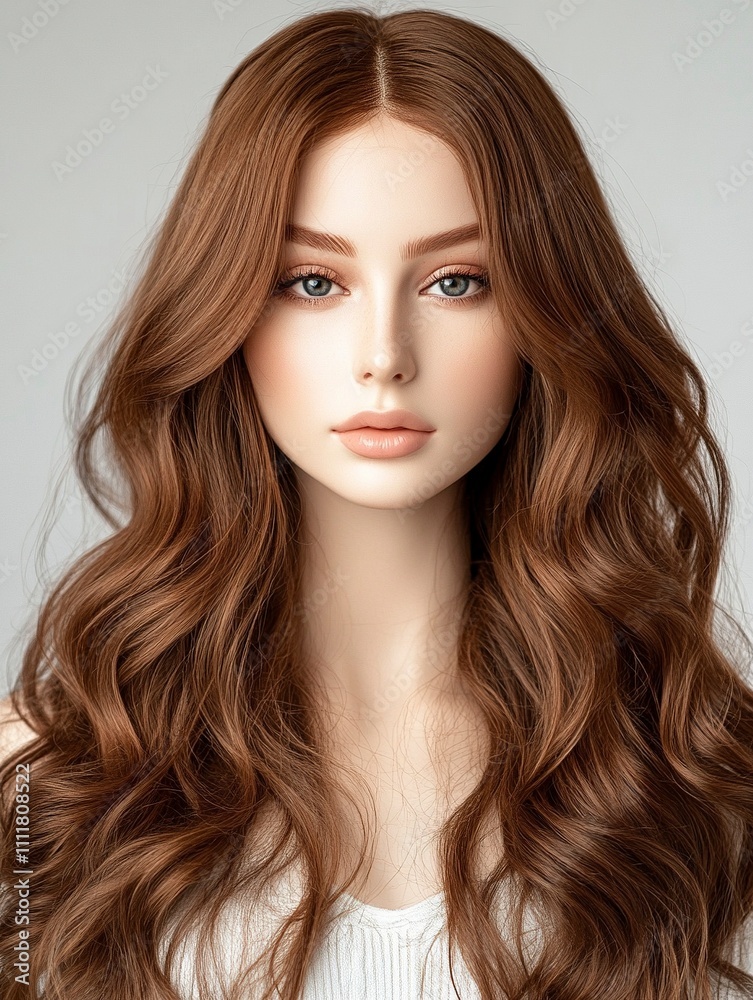 Natural looking brown hair on a white mannequin head. Medium wavy hair, isolated on a white background. Natural looking brown hair on a white mannequin head. Medium wavy hair, isolated on a white background.