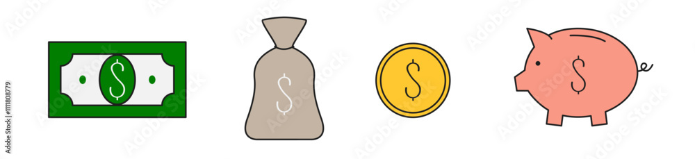 Dollar Coin, Paper Bill Piggy Bank, Money bag line set. Gold coins icon. Money savings concept. Earning money, investment business advertising. Cute cartoon animal Flat design. White background Vector Dollar Coin, Paper Bill Piggy Bank, Money bag line set. Gold coins icon. Money savings concept. Earning money, investment business advertising. Cute cartoon animal Flat design. White background Vector