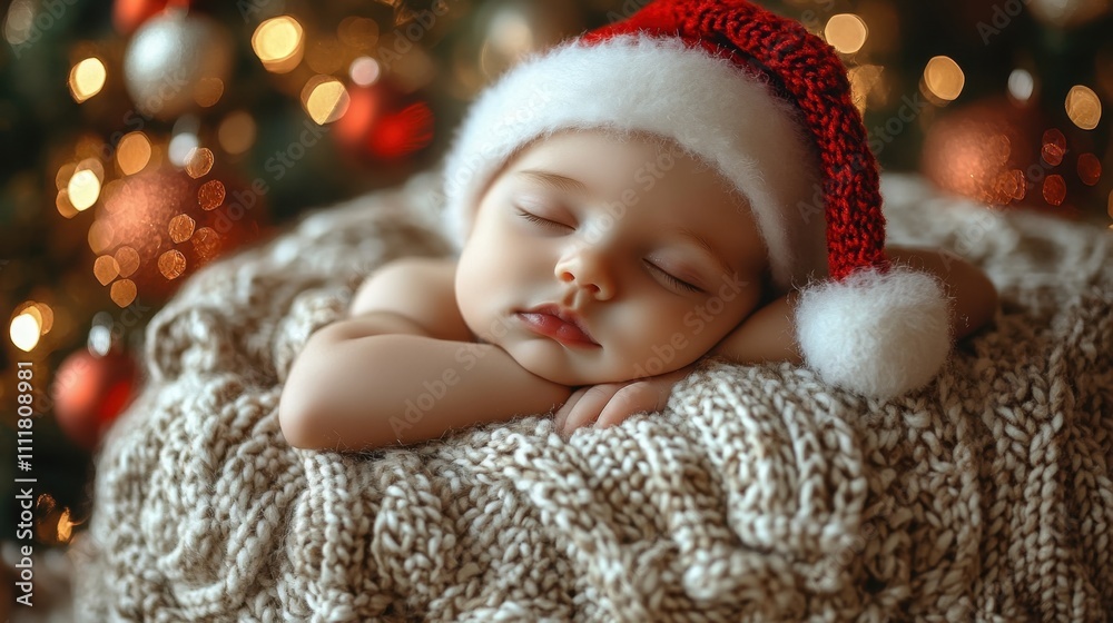 A serene nighttime scene: a newborn in a holiday-themed onesie lying in a crib next to a softly lit Christmas tree, with snowflakes visible through the window A serene nighttime scene: a newborn in a holiday-themed onesie lying in a crib next to a softly lit Christmas tree, with snowflakes visible through the window