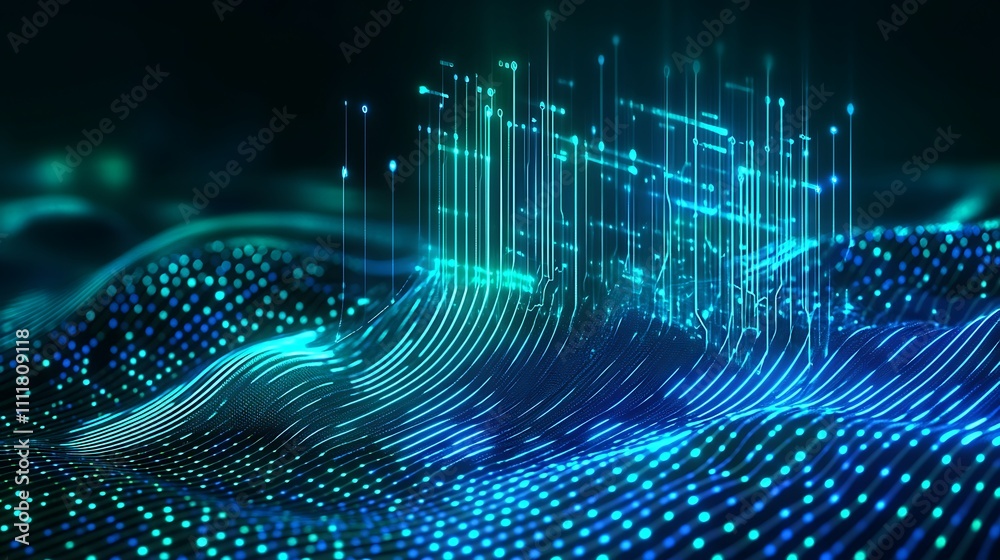 Abstract Digital Art Representing Flowing Waves of Light and Data with Glowing Particles for Tech Backgrounds Abstract Digital Art Representing Flowing Waves of Light and Data with Glowing Particles for Tech Backgrounds