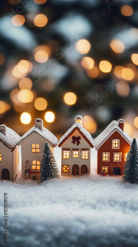 Snowy festive village with Christmas lights and decorated Tree