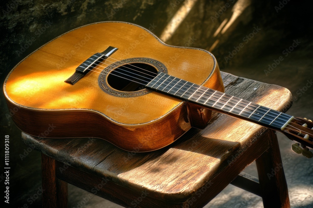 Obraz premium Acoustic guitar rests on weathered wooden stool.