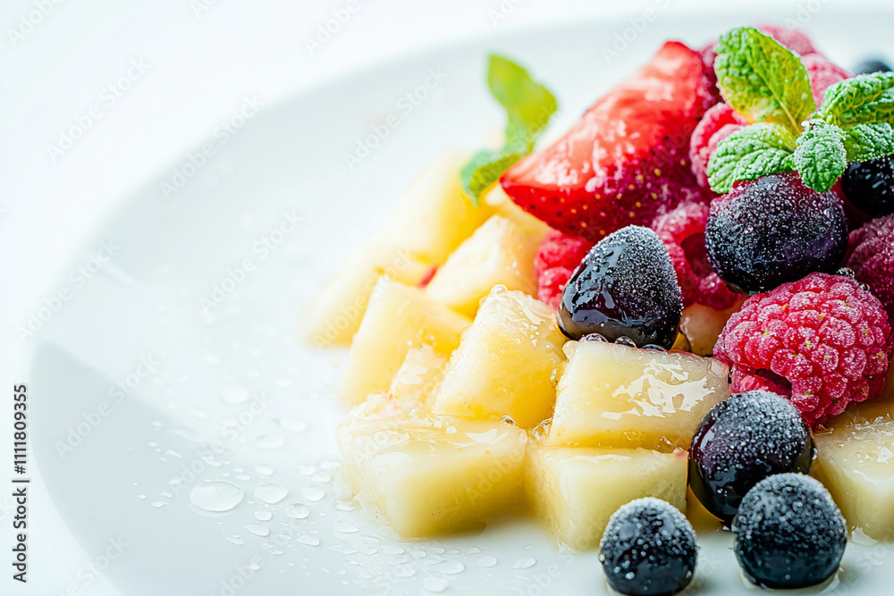 Fresh fruit salad with vibrant colors and moisture beads Fresh fruit salad with vibrant colors and moisture beads