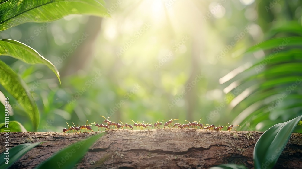 Obraz premium Ants Marching Along a Log in a Lush Green Forest with Soft Sunlight Streaming Through Leaves