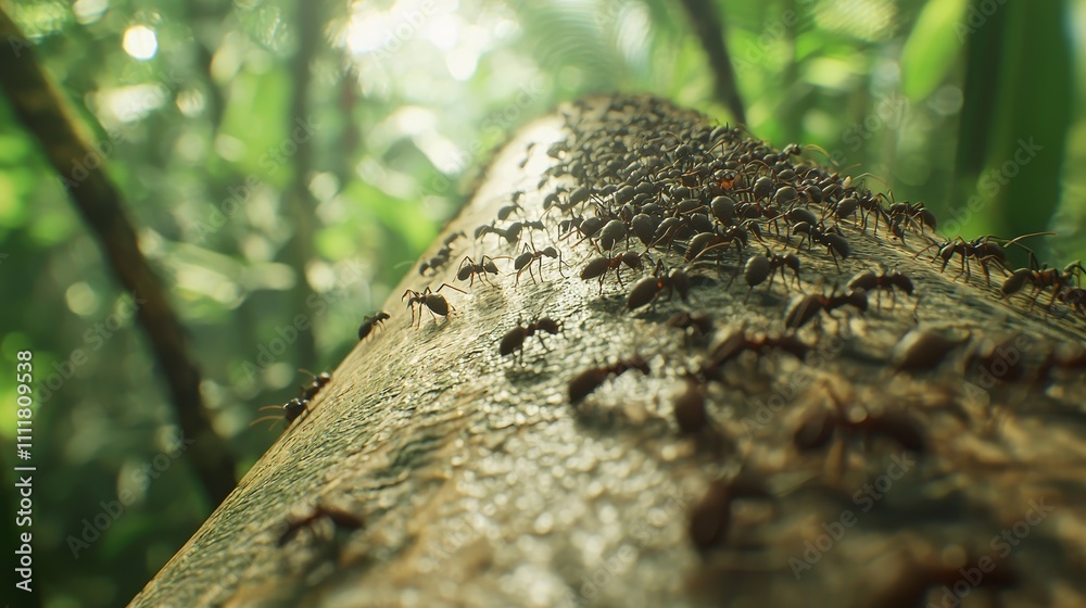 Close-Up of Ants Crawling on a Log in a Lush Green Forest Under Soft Natural Light Close-Up of Ants Crawling on a Log in a Lush Green Forest Under Soft Natural Light