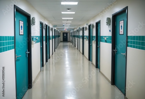 Empty Hospital Corridor - Modern Healthcare Facility Interior hospital empty corridor A modern long hospital corridor without people. The concept of medical care and health.