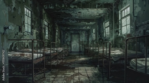 A dilapidated hospital room with rusted beds and peeling walls.