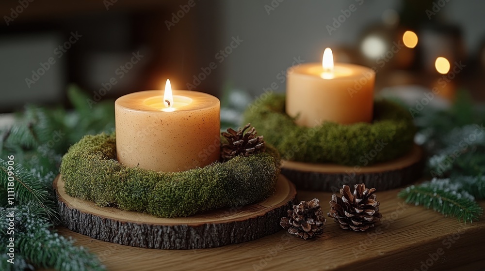 A close-up of an elegant Advent wreath made of frosted pine branches, red berries, and silver baubles, with candles glowing warmly, placed on a marble countertop A close-up of an elegant Advent wreath made of frosted pine branches, red berries, and silver baubles, with candles glowing warmly, placed on a marble countertop