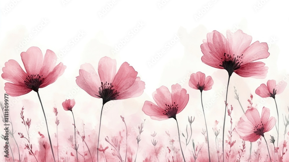 A watercolor illustration of pink flowers in a soft, dreamy landscape. A watercolor illustration of pink flowers in a soft, dreamy landscape.